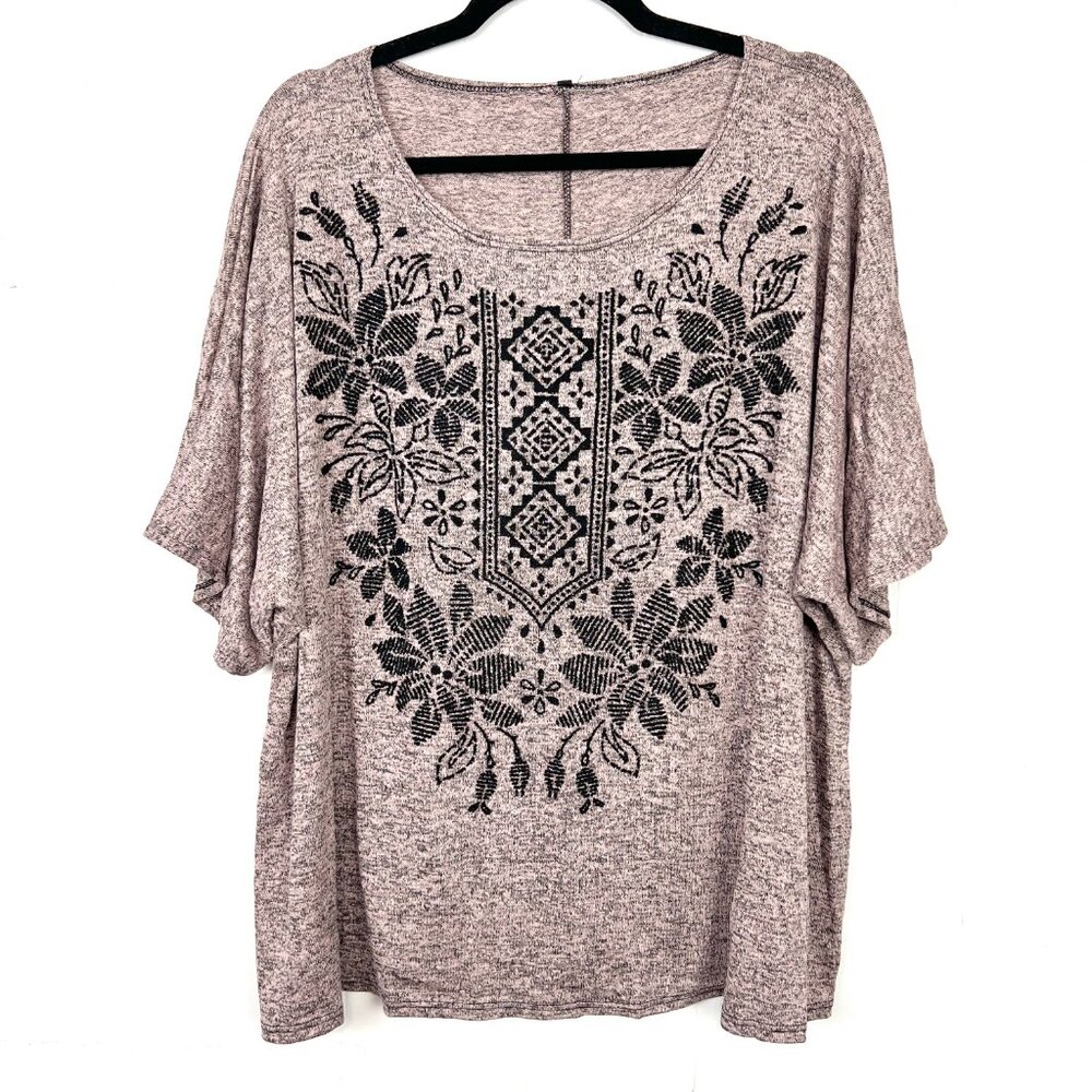 Beaded Floral Boho‎ Accent Heather Dusty Pink Dolman Sleeve Knit Top 3X